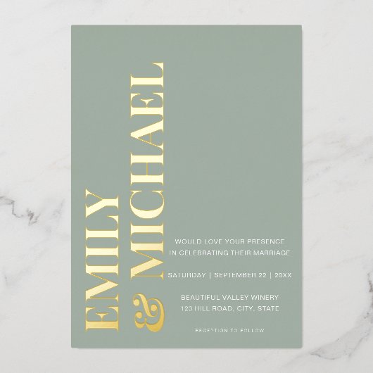 Elegant Bold Typografy Sage Green Minimal Wedding Folieneinladung (Vorderseite)