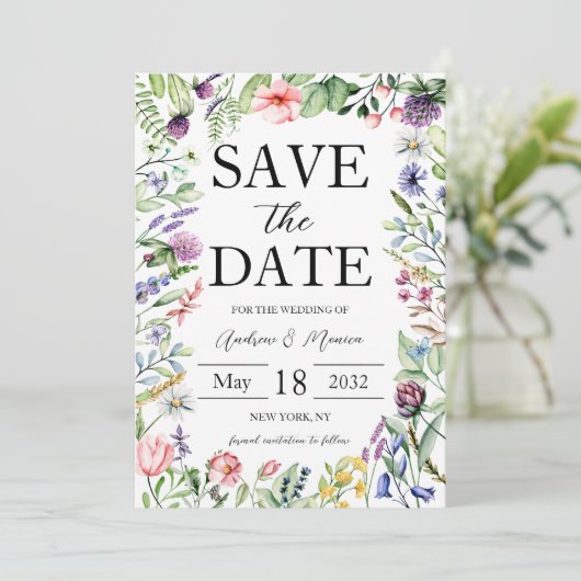 Elegant Bold Wildblumen Sage Green Wedding Save The Date (Stehend Vorderseite)