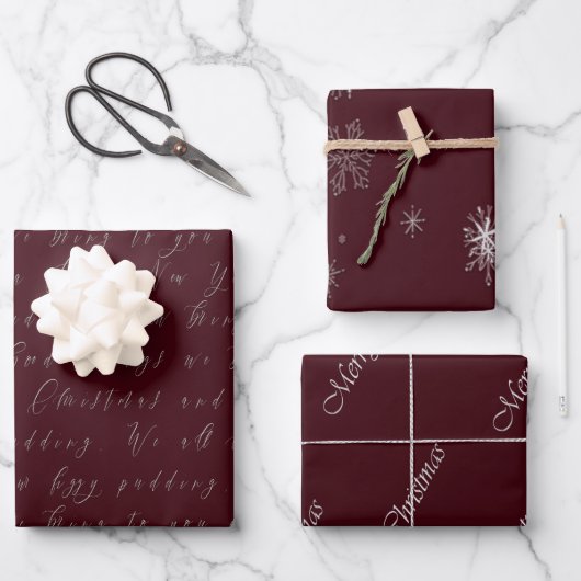 Elegant Bordeaux Rotes Skript Weihnachten Geschenkpapier Set (Vorderseite)