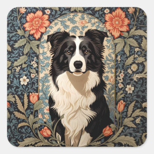 Elegant Border Collie William Morris Inspiriert Quadratischer Aufkleber