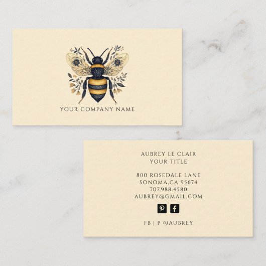 Elegant Botanical Bee Logo Template Visitenkarte (Vorne/Hinten)