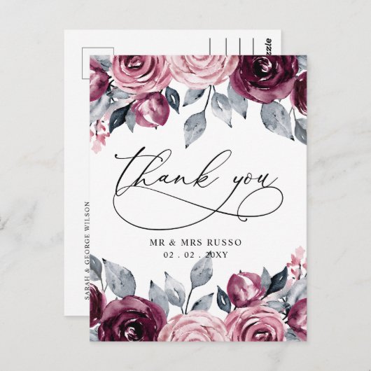 Elegant Botanical Blush Burgundy Floral Thank You Postkarte (Vorne/Hinten)