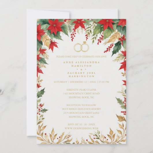 Elegant Botanical Christmas Frame Wedding Rings Einladung (Vorderseite)