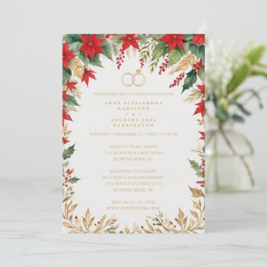 Elegant Botanical Christmas Frame Wedding Rings Einladung (Stehend Vorderseite)