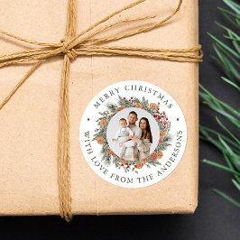 Elegant Botanical Citrus Wreath Photo Christmas Runder Aufkleber