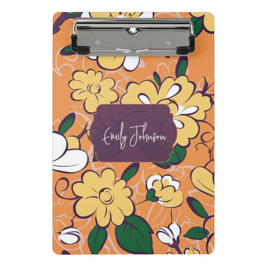Elegant Botanical Custom Name Orange White Floral Mini Klemmbrett (Vorderseite)