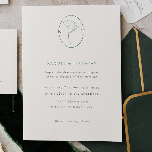 Elegant Botanical Emerald Monogram Wedding Einladung