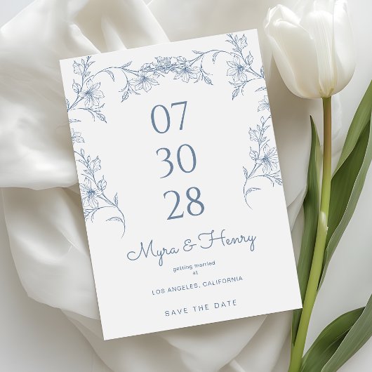 Elegant Botanical Floral Dusty Blue Wedding Save The Date