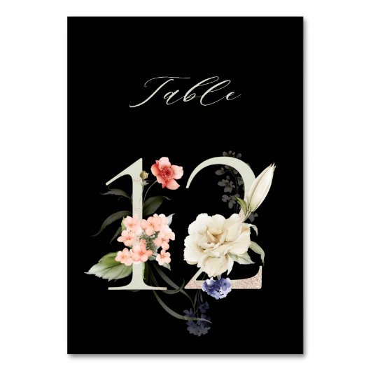 Elegant Botanical Floral Number 12, Schwarz Tischnummer (Rückseite)