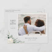 Elegant Botanical Gray Save the Date Ankündigungspostkarte (Vorne/Hinten)
