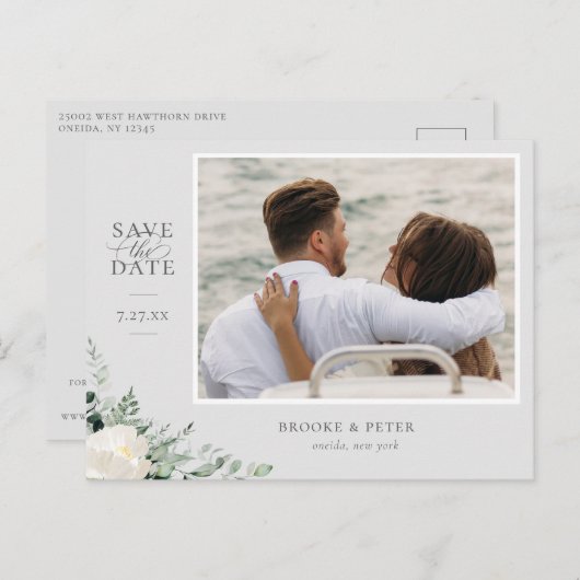 Elegant Botanical Gray Save the Date Ankündigungspostkarte (Vorne/Hinten)