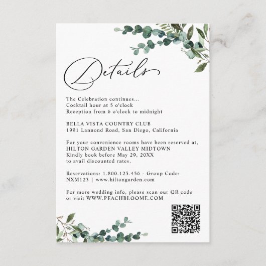 Elegant Botanical Greenery QR Code Wedding Details Begleitkarte (Vorderseite)