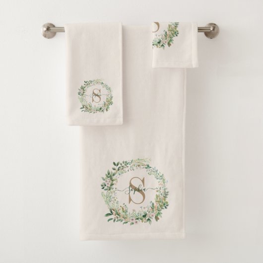 Elegant Botanical Monogram Towel with Custom Name Badhandtuch Set (Insitu)