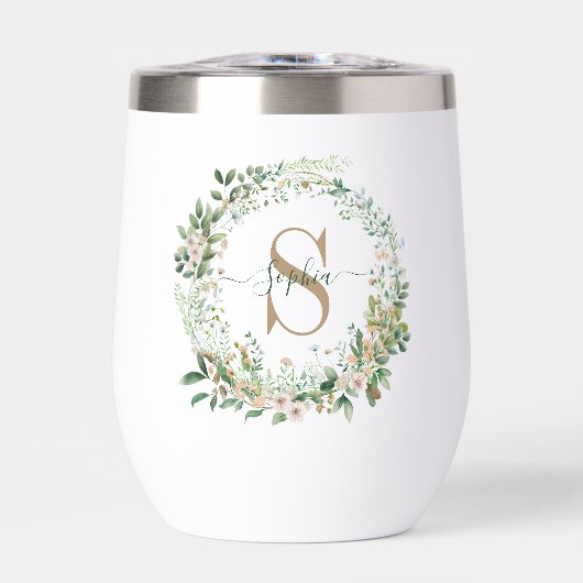Elegant Botanical Monogram Wine Tumbler with Name (Vorderseite)