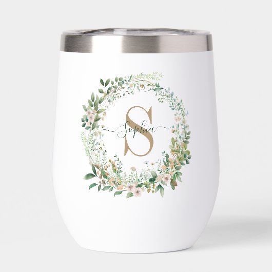 Elegant Botanical Monogram Wine Tumbler with Name (Rückseite)