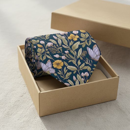Elegant Botanical Pattern with Butterflies on Dark Krawatte