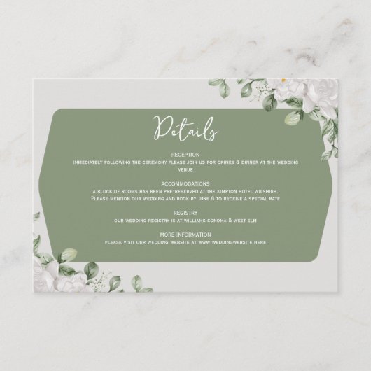 Elegant Botanical Sage Green White Floral Design  Begleitkarte (Vorderseite)