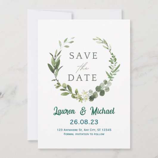 Elegant Botanical Save the Date Modern Greenery Einladung (Vorderseite)