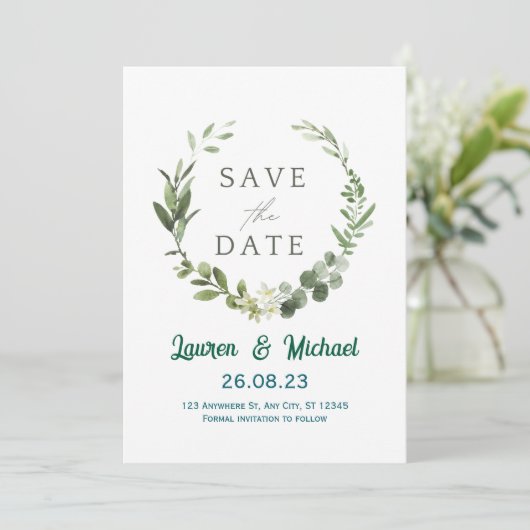 Elegant Botanical Save the Date Modern Greenery Einladung (Stehend Vorderseite)