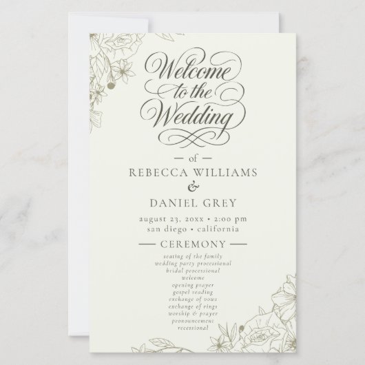 Elegant Botanical Wedding Ceremony Program Sign (Vorderseite)
