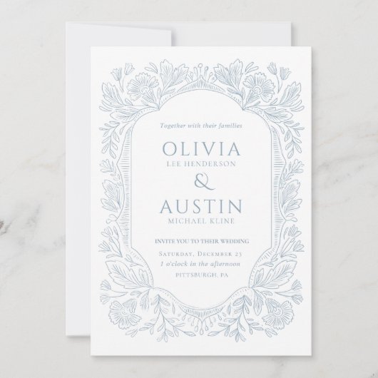 Elegant Botanical Wedding | Heirloom Blue Invite Einladung (Vorderseite)
