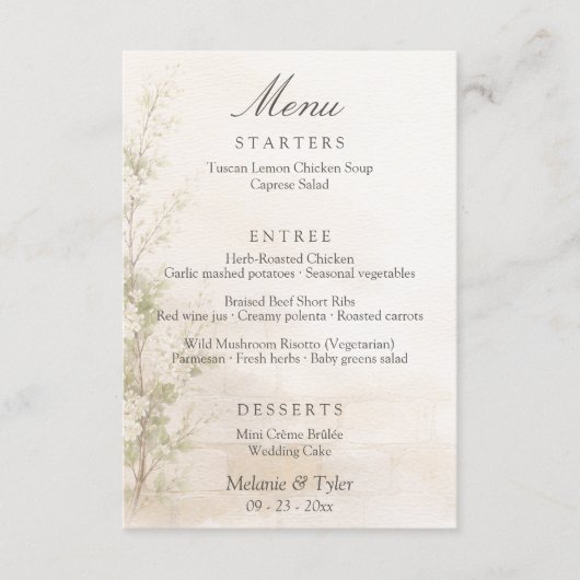 Elegant Botanical Wedding Menu Card Begleitkarte (Vorderseite)
