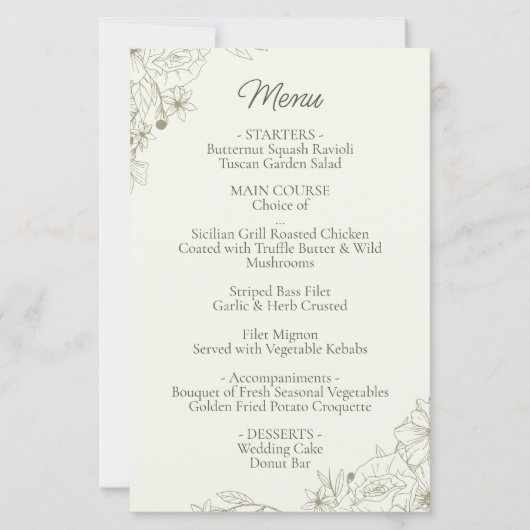 Elegant Botanical Wedding Reception Menu Card (Vorderseite)