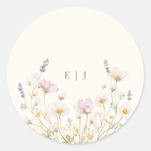 Elegant Botanical Wildflowers Monogram Wedding Runder Aufkleber (Vorderseite)