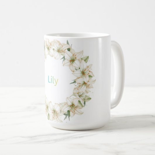 Elegant Botanical Wreath Monogram Lily Name Kaffeetasse (VorderseiteRechts)