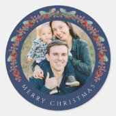 Elegant Botanical Wreath Photo Christmas Runder Aufkleber (Vorderseite)