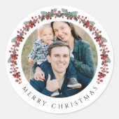 Elegant Botanical Wreath Photo Christmas Runder Aufkleber (Vorderseite)