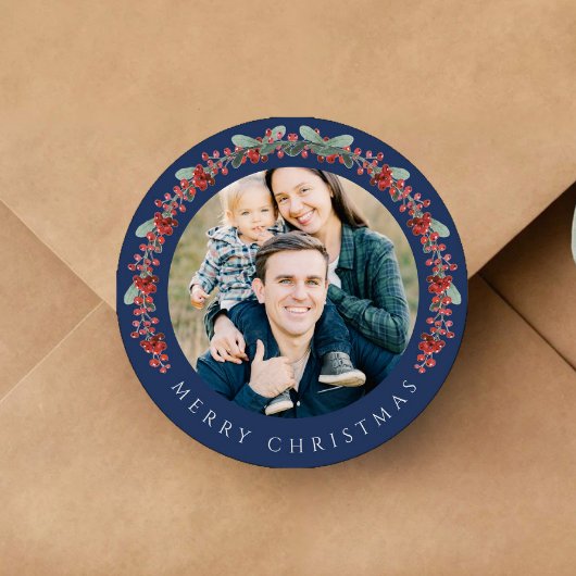 Elegant Botanical Wreath Photo Christmas Runder Aufkleber
