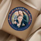 Elegant Botanical Wreath Photo Christmas Runder Aufkleber