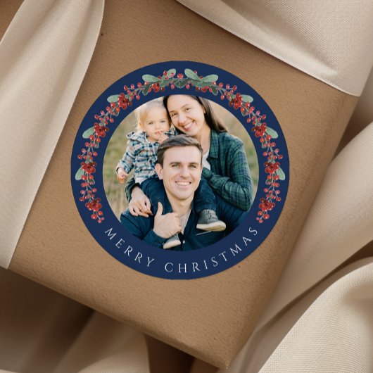 Elegant Botanical Wreath Photo Christmas Runder Aufkleber