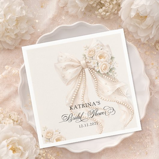 Elegant Bow and Pearl Pastel Bridal Shower Serviette