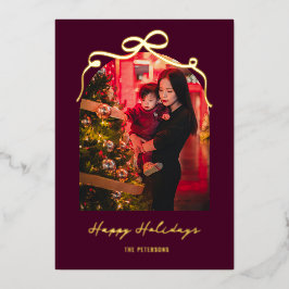 Elegant Bow Arch Burgundy Christmas Photo Gold Folien Feiertagskarte