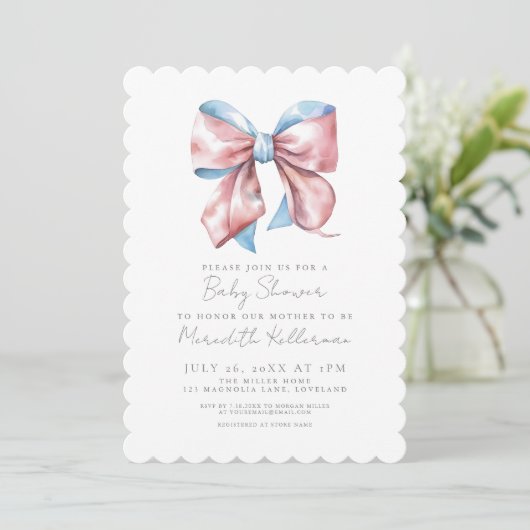 Elegant Bow Baby Shower Einladung (Stehend Vorderseite)