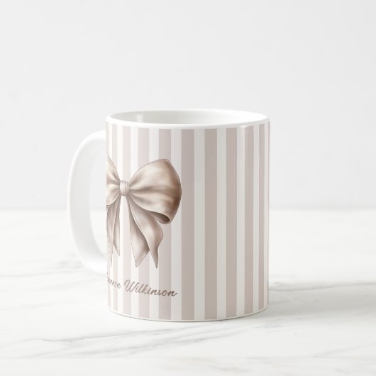 Elegant Bow Beige Stripes Name Mug Kaffeetasse (Vorderseite Links)