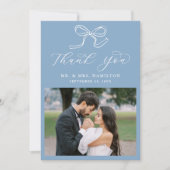 Elegant Bow Blue Foto Wedding Dankeskarte (Vorderseite)