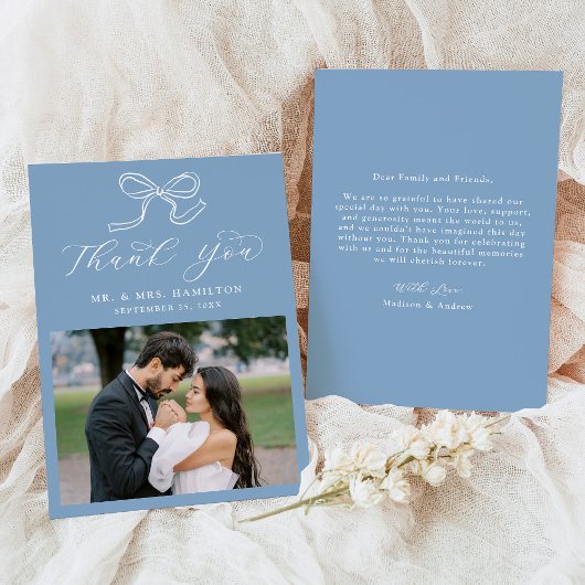 Elegant Bow Blue Foto Wedding Dankeskarte