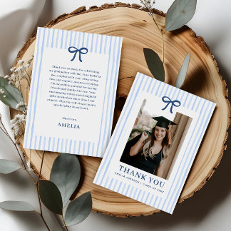 Elegant Bow Blue Striped Photo Graduation Dankeskarte