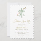 Elegant Bow Cross Sage Watercolor Greenery Baptism Einladung (Vorderseite)