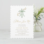 Elegant Bow Cross Sage Watercolor Greenery Baptism Einladung (Stehend Vorderseite)