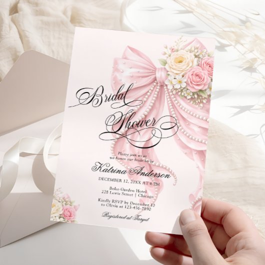 Elegant Bow Floral Blush Pink Bridal Shower  Einladung