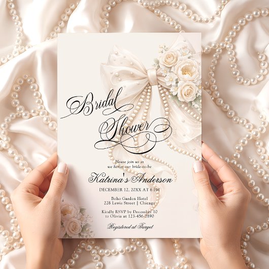 Elegant Bow Floral Neutral Bridal Shower  Einladung