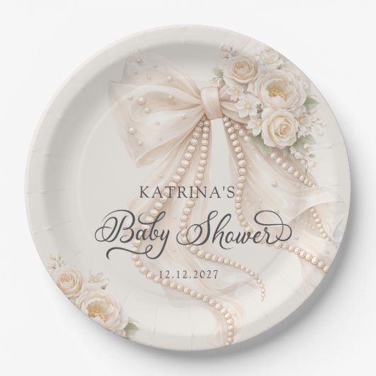 Elegant Bow Flowers Baby Shower Pappteller (Vorderseite)
