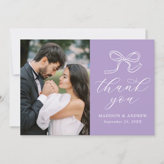 Elegant Bow Lavender Foto Wedding Dankeskarte (Vorderseite)
