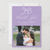 Elegant Bow Lavender Foto Wedding Dankeskarte (Vorderseite)