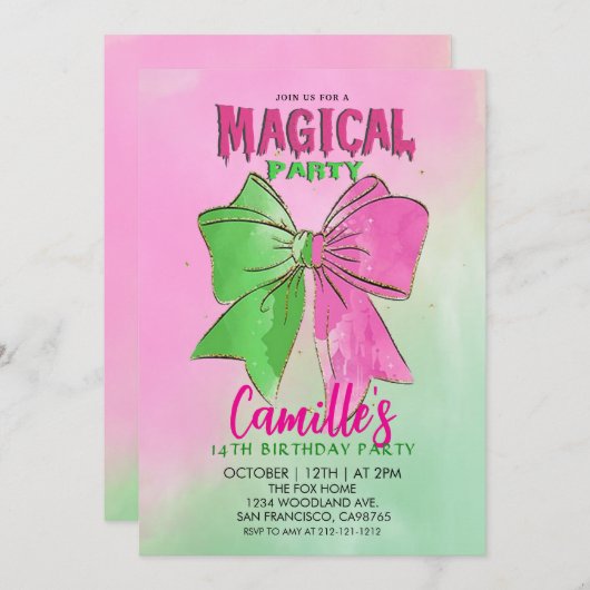 Elegant Bow magical Girl Birthday party Einladung (Vorne/Hinten)