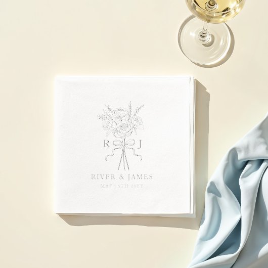 Elegant Bow Ribbon Floral Bouquet Wedding Monogram Servietten Mit Folie